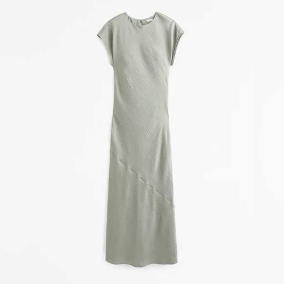 Abercrombie & Fitch Short-Sleeve Crinkle Satin Maxi Dress in Frosty Olive, NWT - Picture 2 of 9